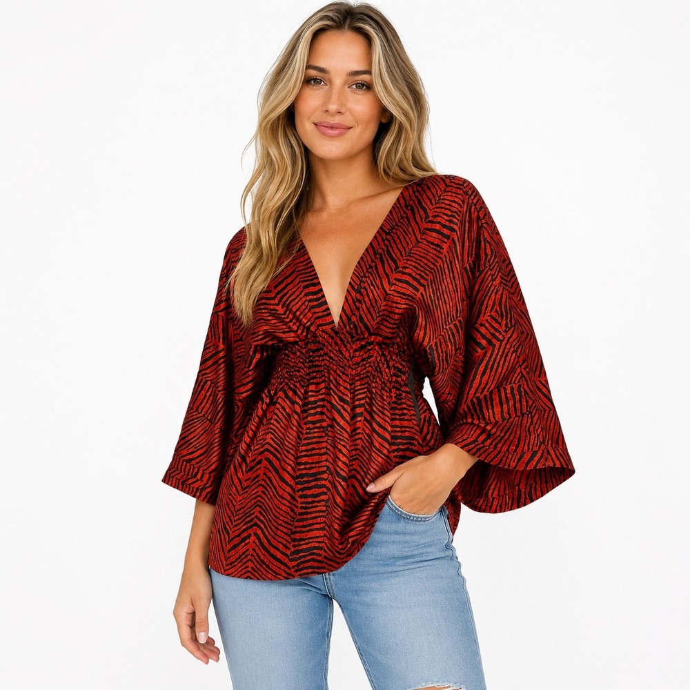 She's Cool Tunic Top Size M Red Black Zebra Print Kimono Sleeve Satin Y2K